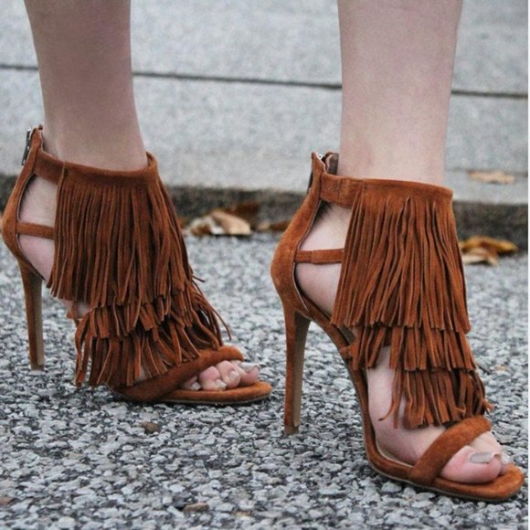 Steve Madden Brown Fringly Suede Heels - Picture 1 of 8